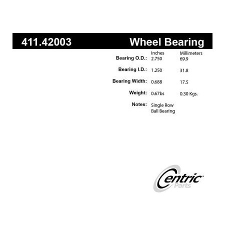 Centric Premium Axle Shaft Bearing Assembly Single Row, Parts 411.42003